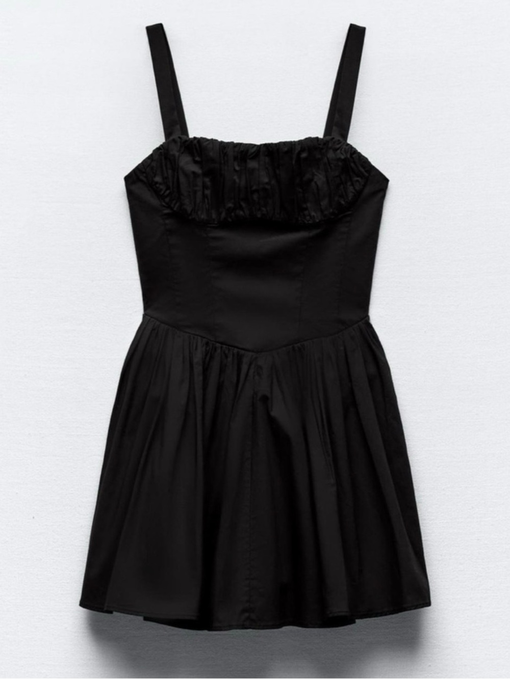 Zara Black LBD Ruched Bust Voluminous Mini Dress Babydoll Fit Flare Size Large - Picture 3 of 9
